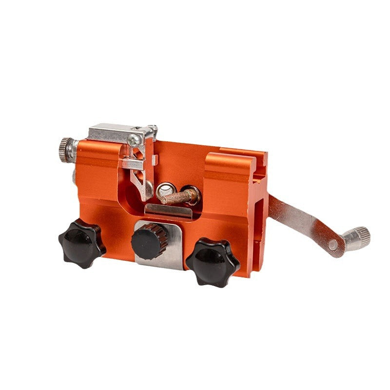 Steel clamp and star knobs of the orange aluminium chainsaw chain sharpener
