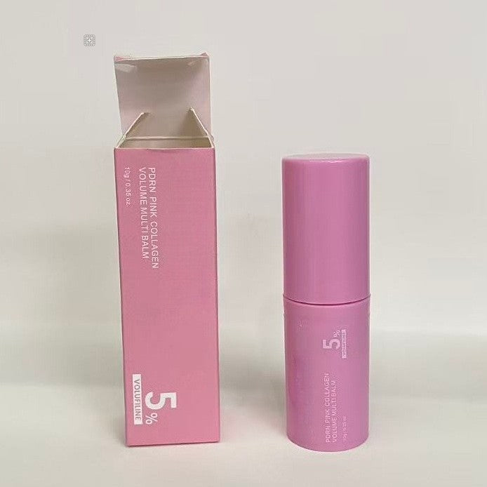 Pink collagen balm skincare product, showing the pink eye patch curved on the open jar