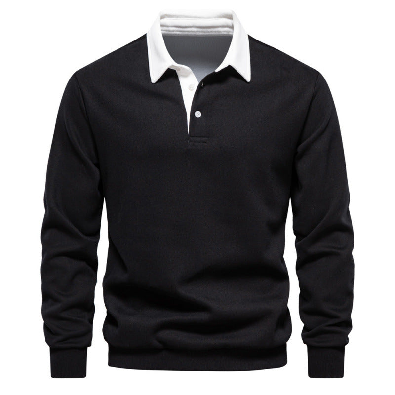 Close view of the ribbed cuff and knit texture on the polo collar pullover