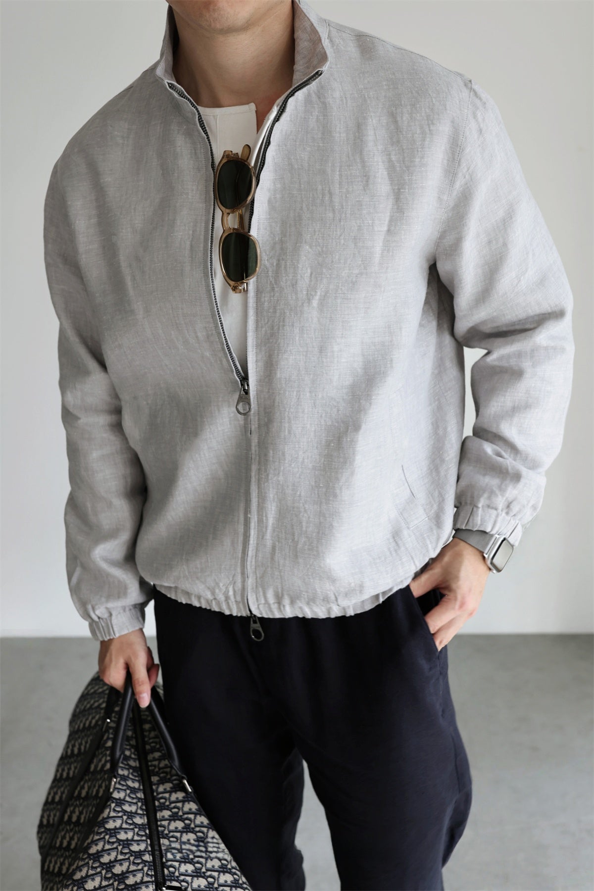 Men's Linen Stand Collar Jacket | indoor setting application