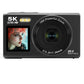 Black compact dual screen camera front view with a small screen, flash and 18X zoom lens, option photo for Black