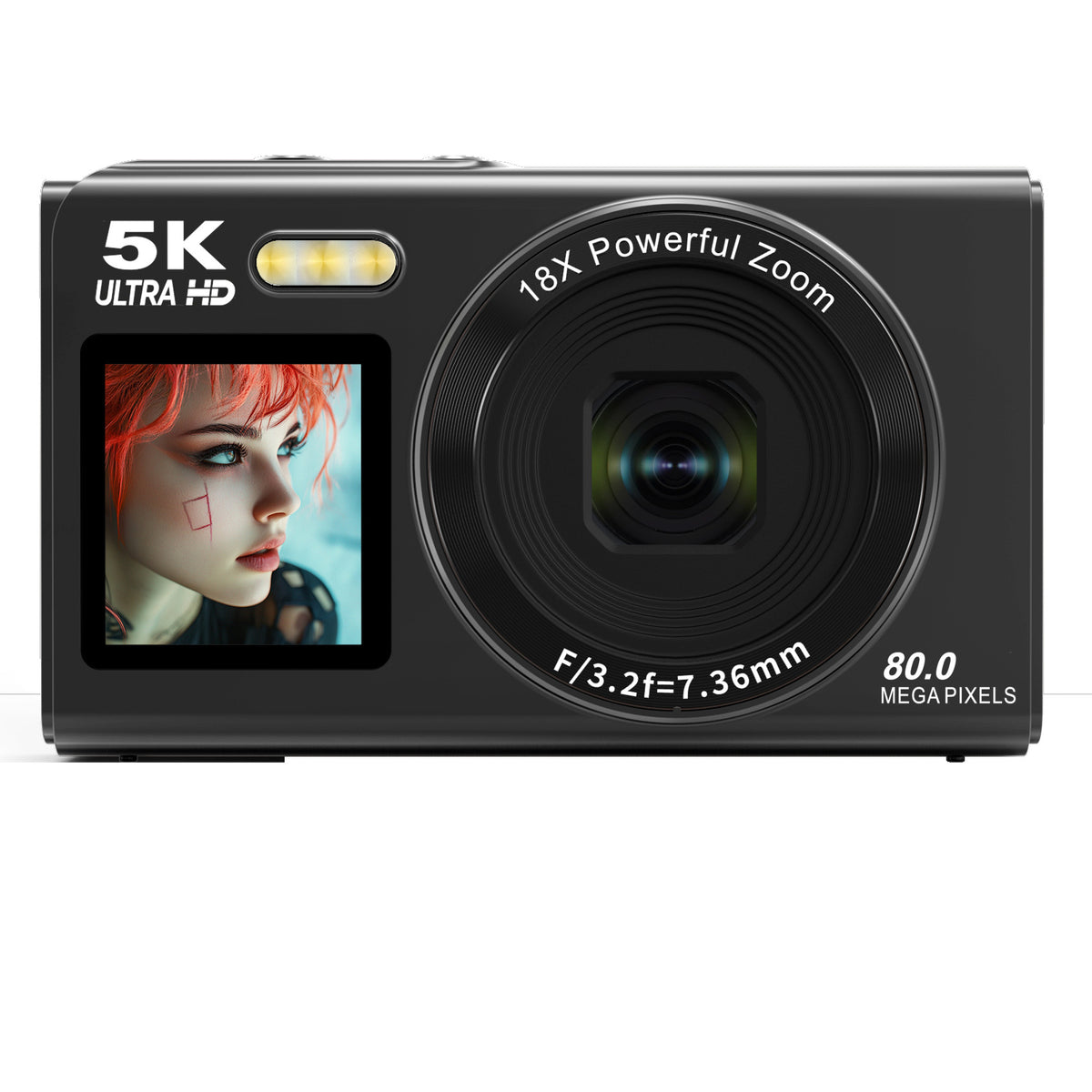 Black compact dual screen camera front view with a small screen, flash and 18X zoom lens, option photo for Black
