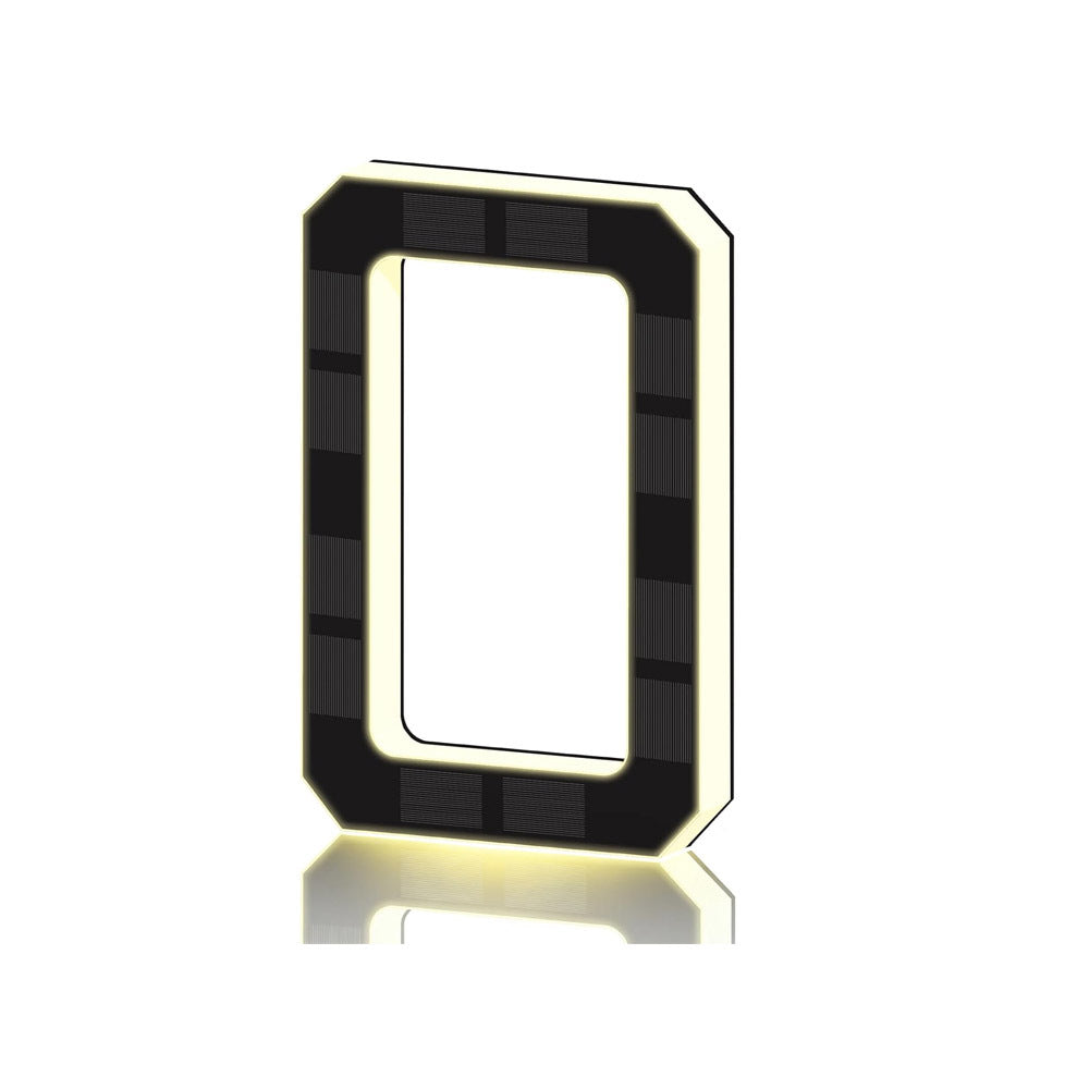 Black and gold solar LED house number sign, one character with a backlit warm outline, three quarter view
