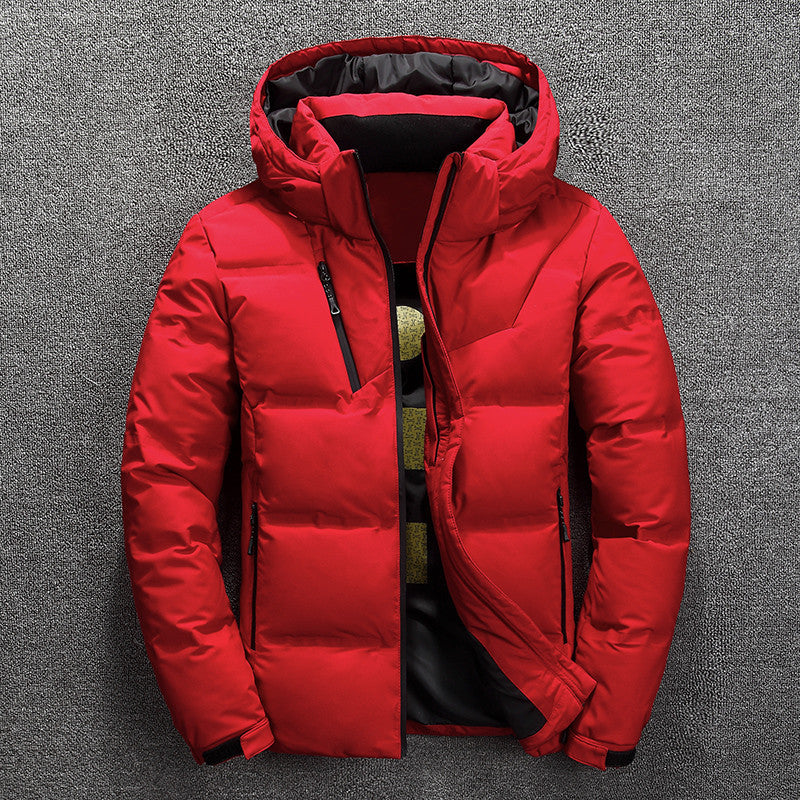 Red men's quilted hooded puffer jacket, variant photo for size XXXL