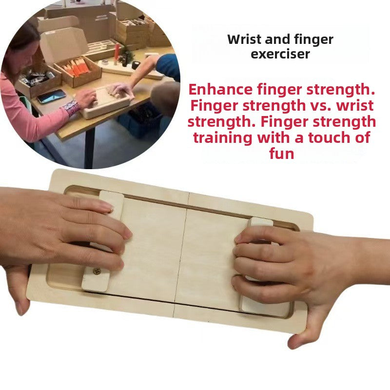 Wrist and finger exerciser board in use by two people, with a round photo of people at a table beside open boxes