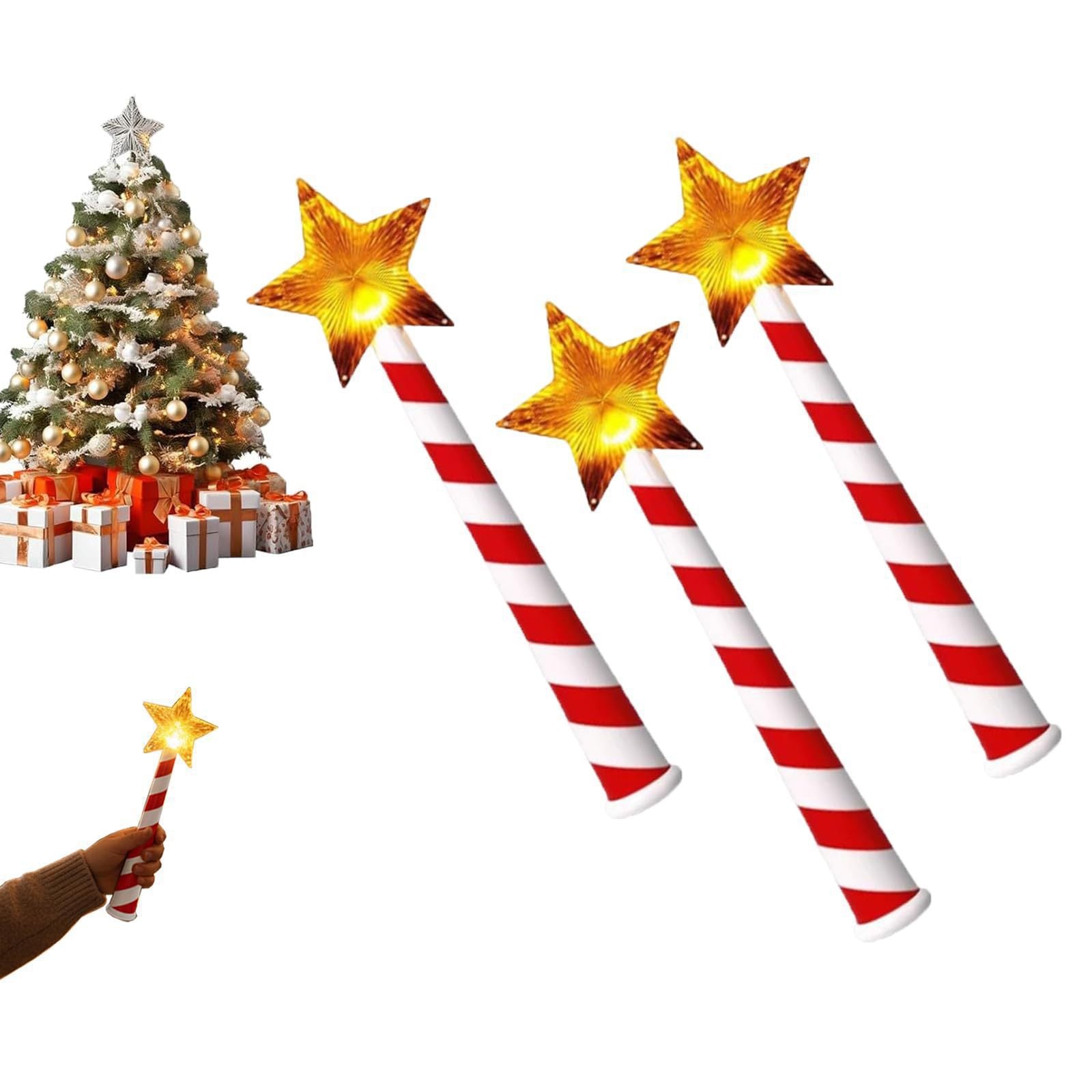 Light up star Christmas wand, red and white candy cane striped handle and warm glowing star top