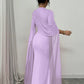 Lilac chiffon cape sleeve long gown with cinched waist and floor length skirt, on model