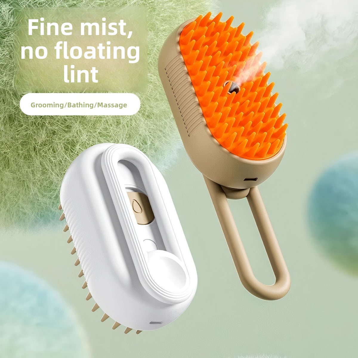 Tan pet spray brush with orange rubber bristles and mist beside a white brush back on a green background