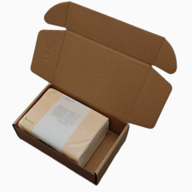 Open kraft mailer box with a wrapped paper pack shown for scale, not included, 18*11*5CM option