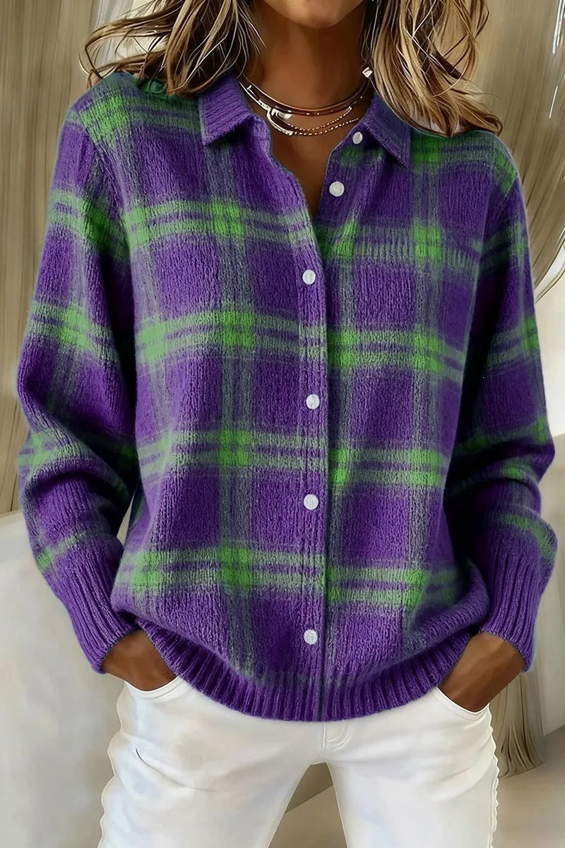 Purple option photo of a purple knit cardigan with a green plaid check, shirt collar, size M