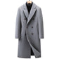 Grey double-breasted long coat with peak lapels over a black turtleneck, size 190/XXXL option
