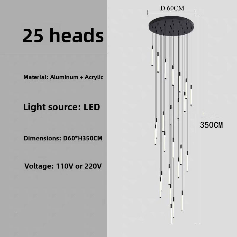 Specification panel of the 25 heads spiral LED chandelier with aluminum acrylic tubes, dimensions and light source