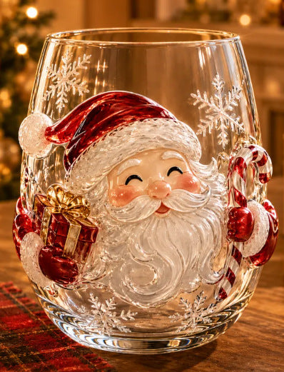 Clear borosilicate Christmas glass cup with a raised painted 3D Santa holiday motif