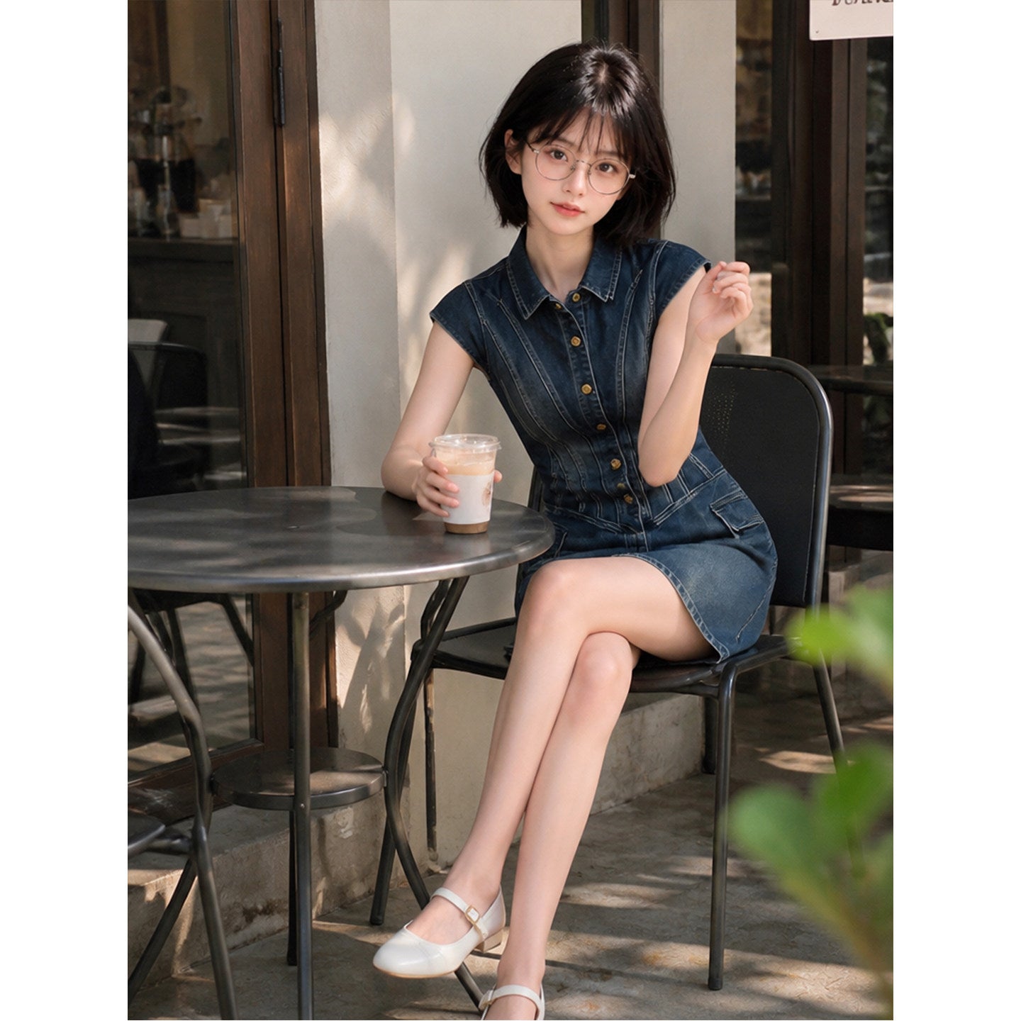 Woman seated in short blue denim shirt dress with fitted waist and cap sleeves