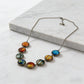 Solar system cabochon necklace on a white marble ledge, eight bezel set domes curving into a low arc