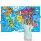Girl placing felt continents and animals on a world map themed hanging felt story board