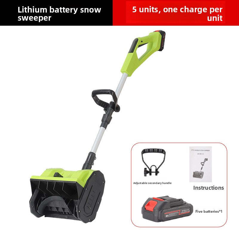 Lime green cordless snow blower with 15-cell lithium-ion pack, two batteries, charger and US plug