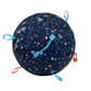 Navy planet print inflatable dog ball with woven grab loops, studio view