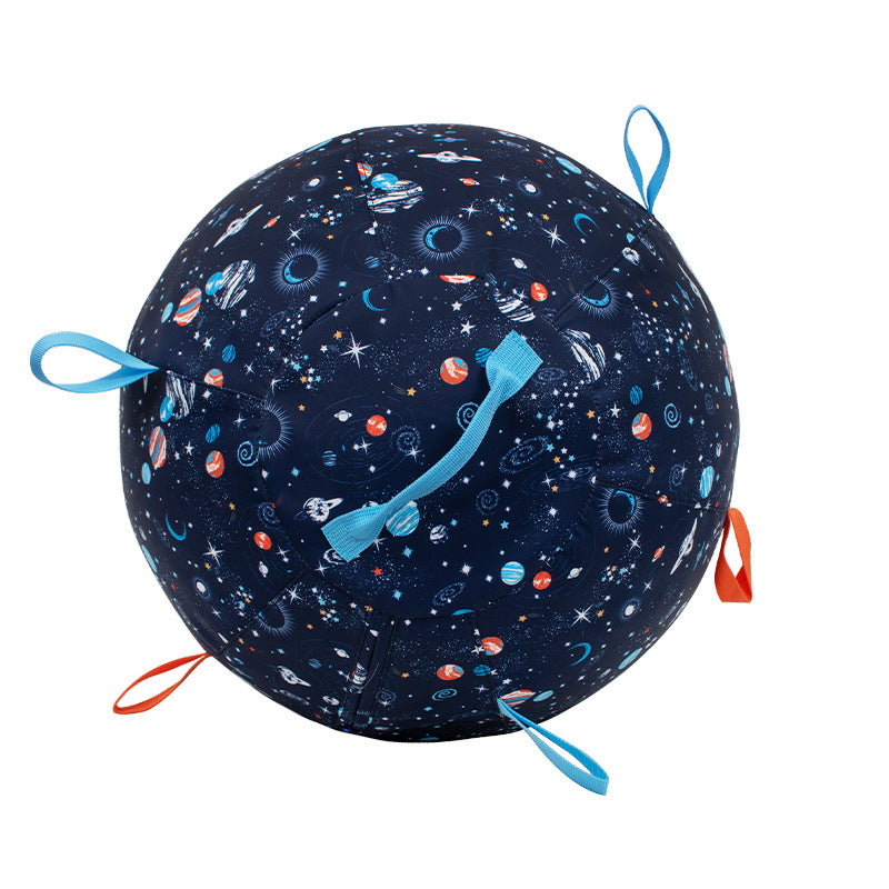 Navy planet print inflatable dog ball with woven grab loops, studio view