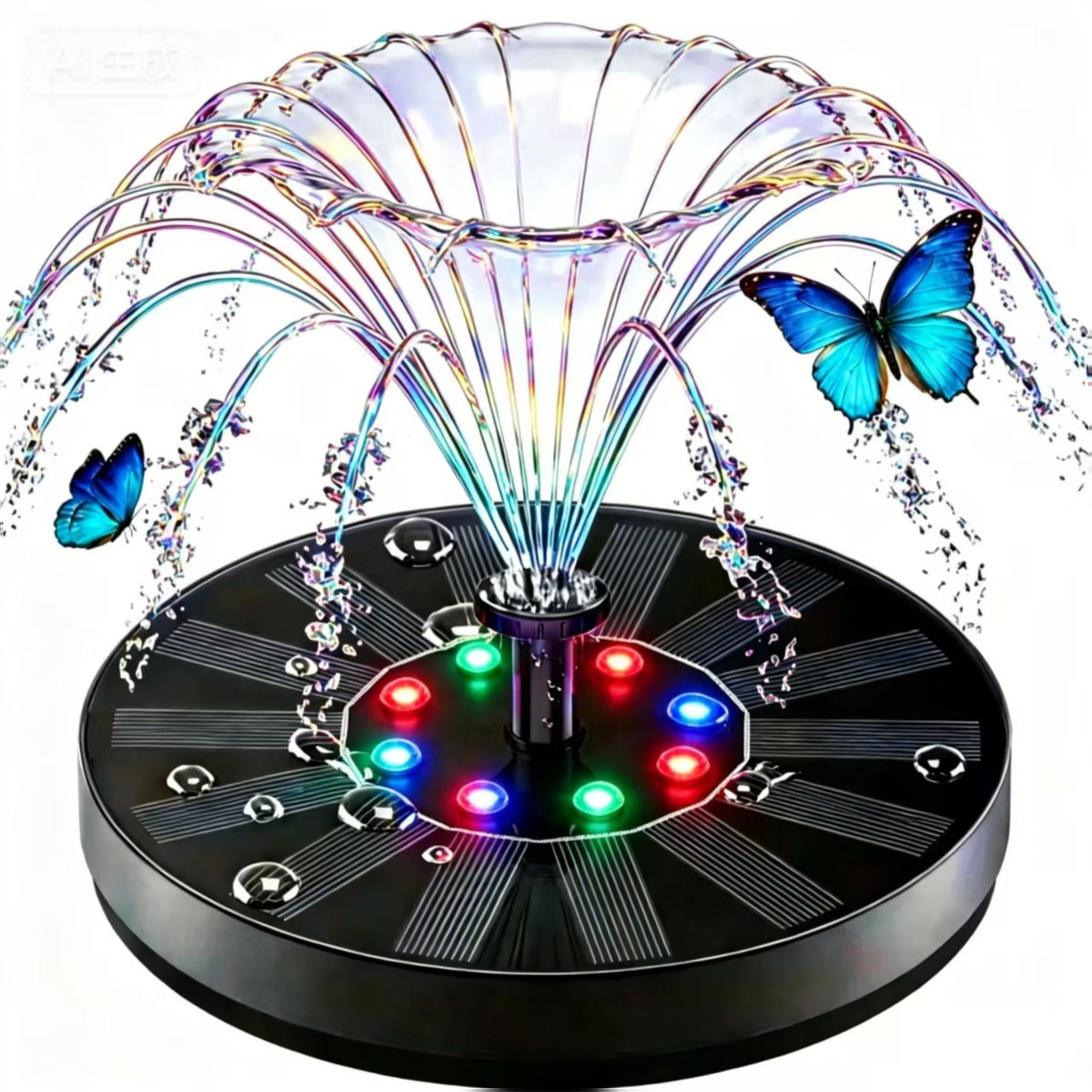 Solar fountain with colorful water arcs and red, blue and green LED beads around the spray head