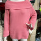 Rose pink off-shoulder fold-over knit sweater with wide sleeves shown on a mannequin