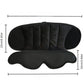 Black zippered travel pillow with padded channels above a black 3D eye mask, heights marked 15 cm and 10 cm