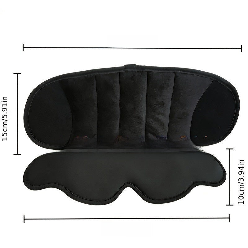 Black zippered travel pillow with padded channels above a black 3D eye mask, heights marked 15 cm and 10 cm