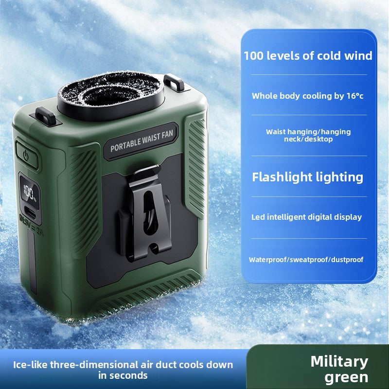 Military green waist fan on ice, charge window, power key and USB C port on the flank