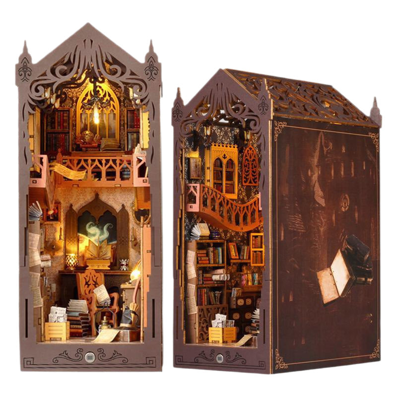 Front and side views of the Magic Library wooden book nook showing shelves, a stair, a candle lit desk and a carved roof