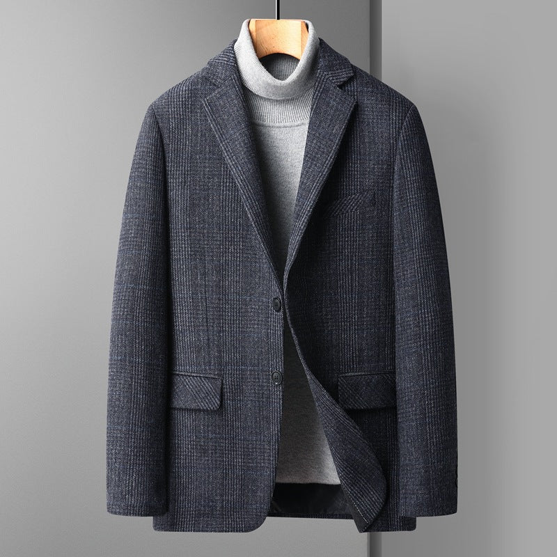 Grey windowpane plaid wool blend blazer shown buttoned from the front