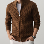 Mens thick cable knit half zip sweaters shown on a rack in black, gray, cream and mocha