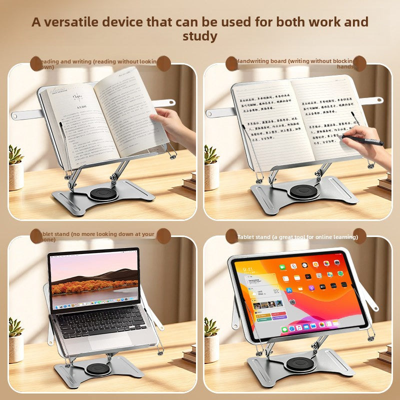 Four uses of the metal stand: reading, handwriting, a laptop and a tablet held on the tilted panel