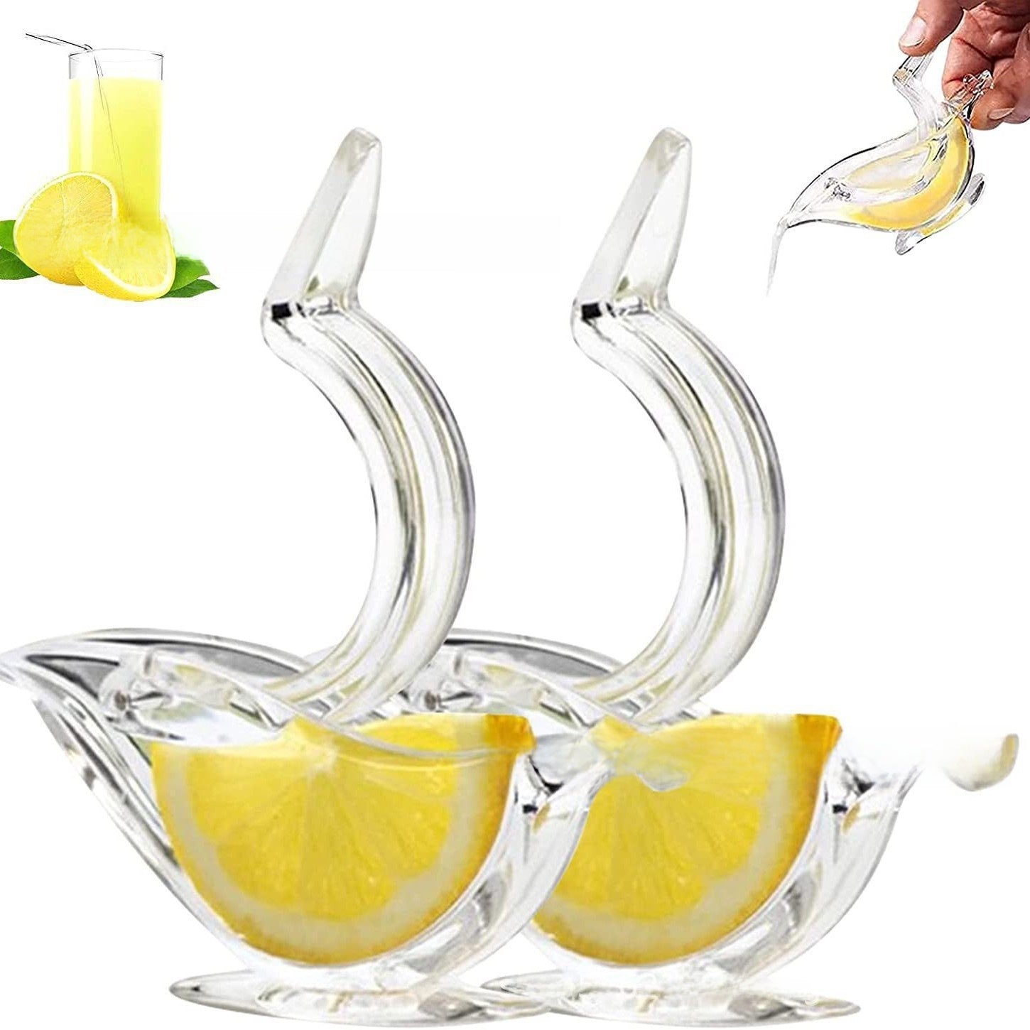 Two clear acrylic bird shaped citrus juicers each holding a bright lemon wedge in the open belly