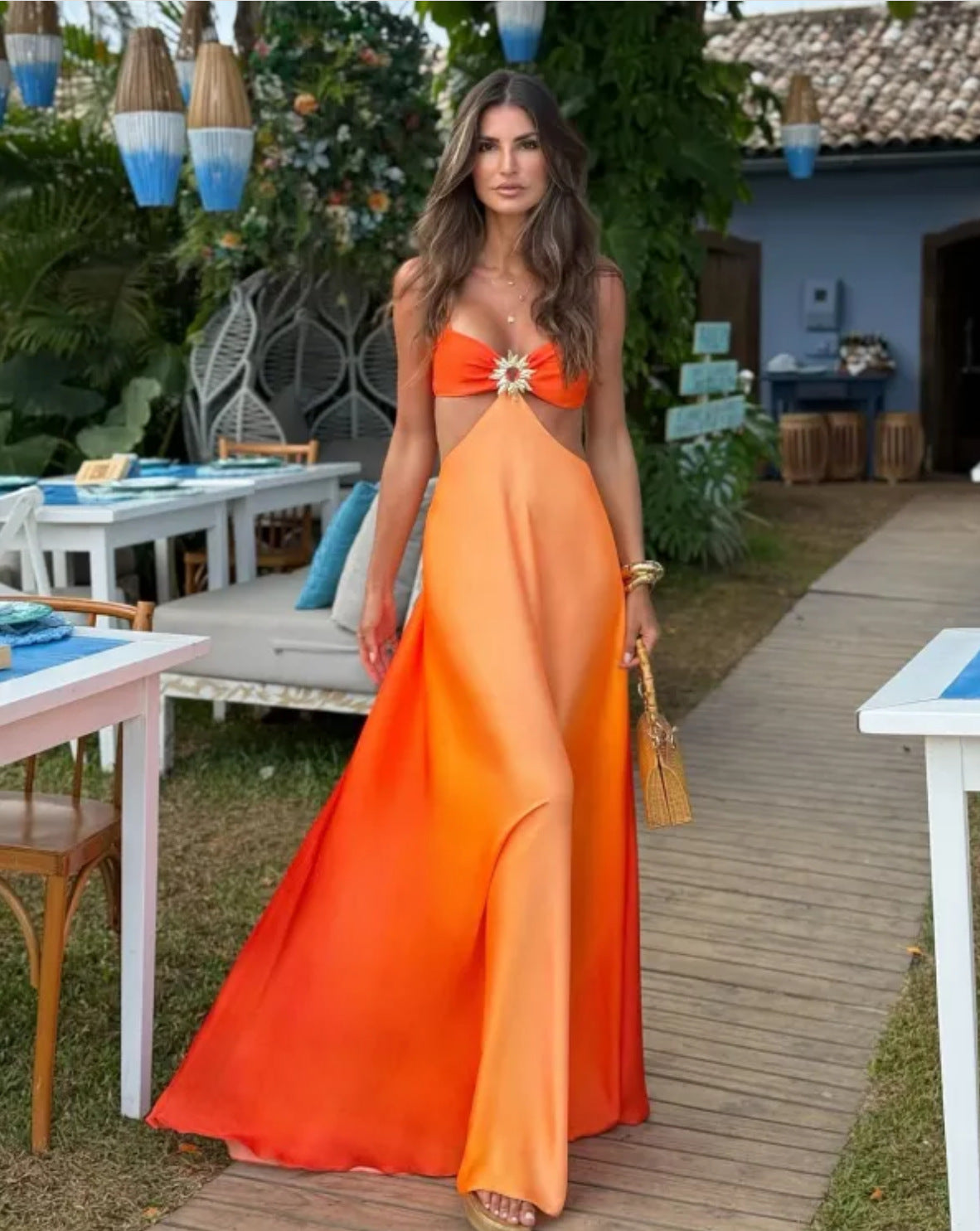 Gradient Satin Halter Dress | soft daylight shot
