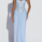 Strapless long dress with sequin bodice and draped skirt in light blue, size S option