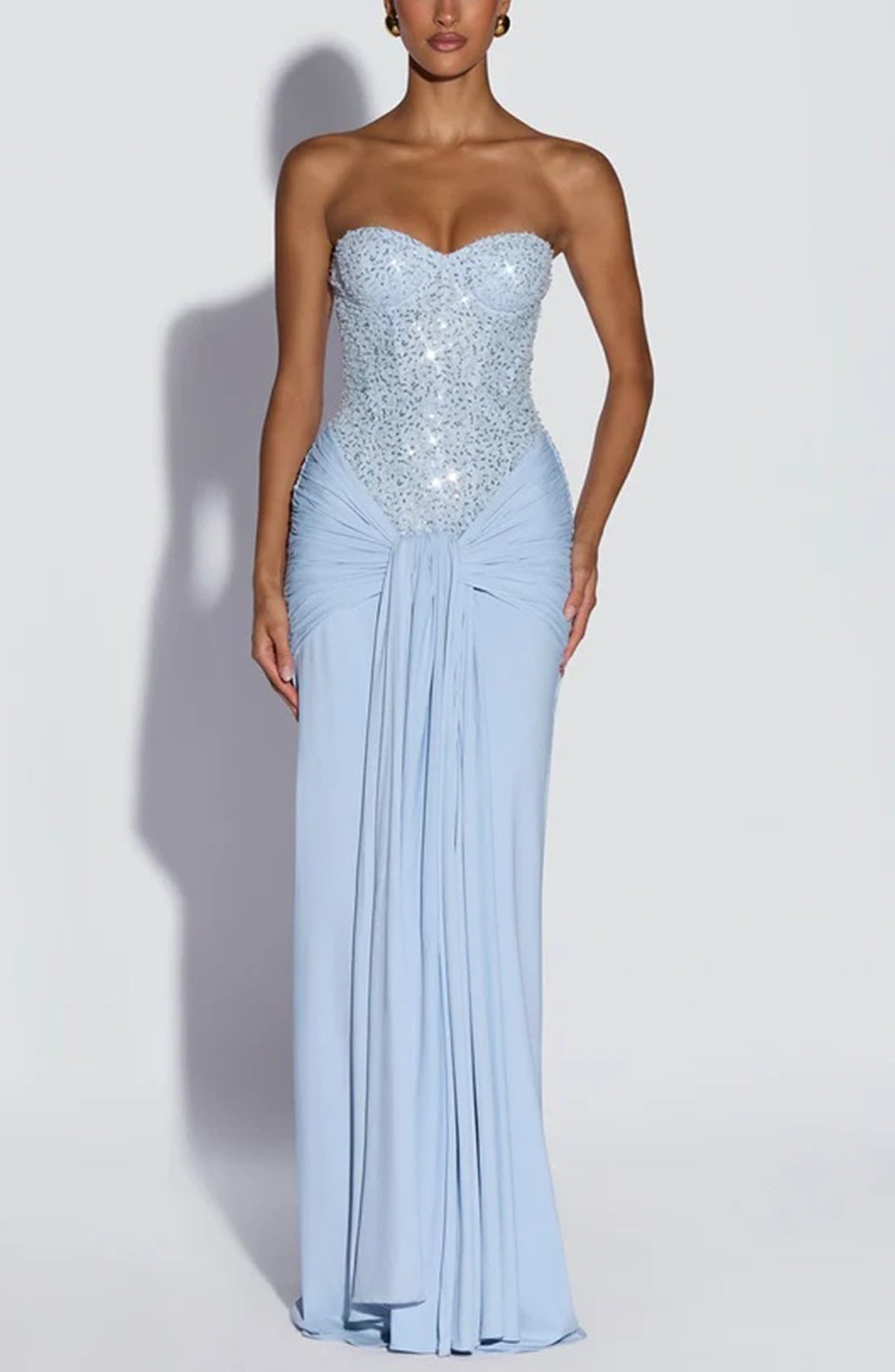 Strapless long dress with sequin bodice and draped skirt in light blue, size S option