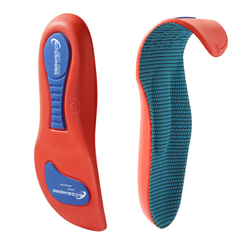 Pair of orange base sports insoles with blue pads on the underside and a teal honeycomb knit top