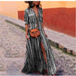Vertical rainbow stripe maxi dress with roll up sleeves and a shirt collar