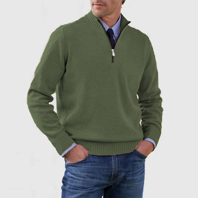 Army Green mens acrylic knit quarter zip stand collar pullover sweater worn by a standing male model