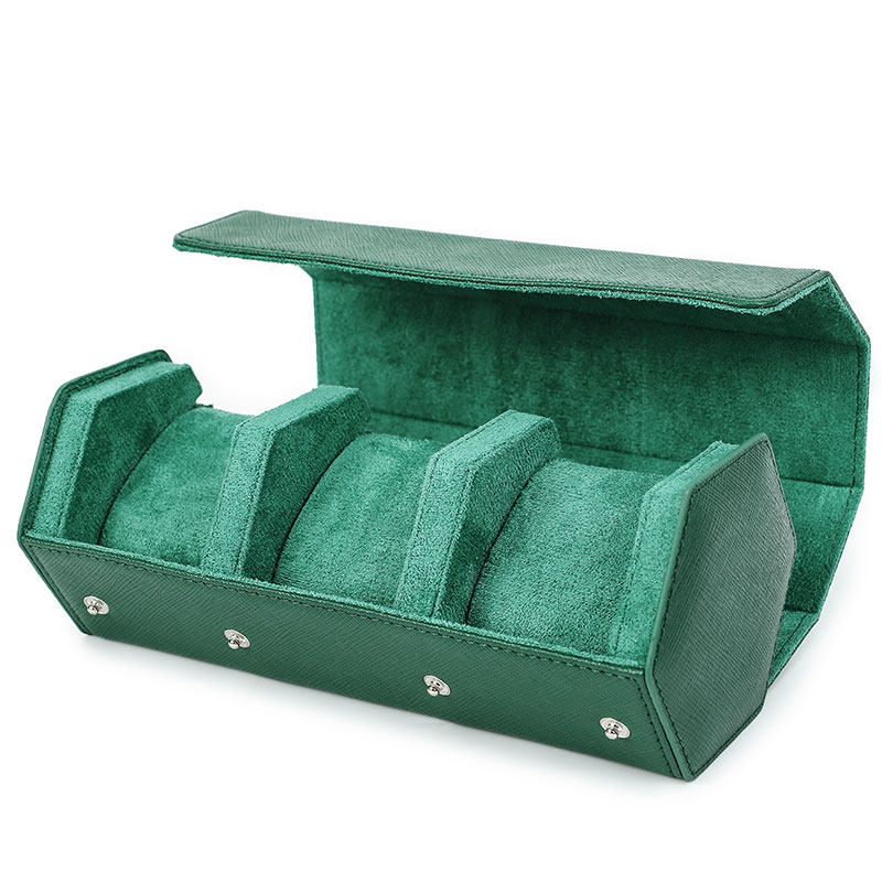 Quilted watch roll storage case wear and handling view