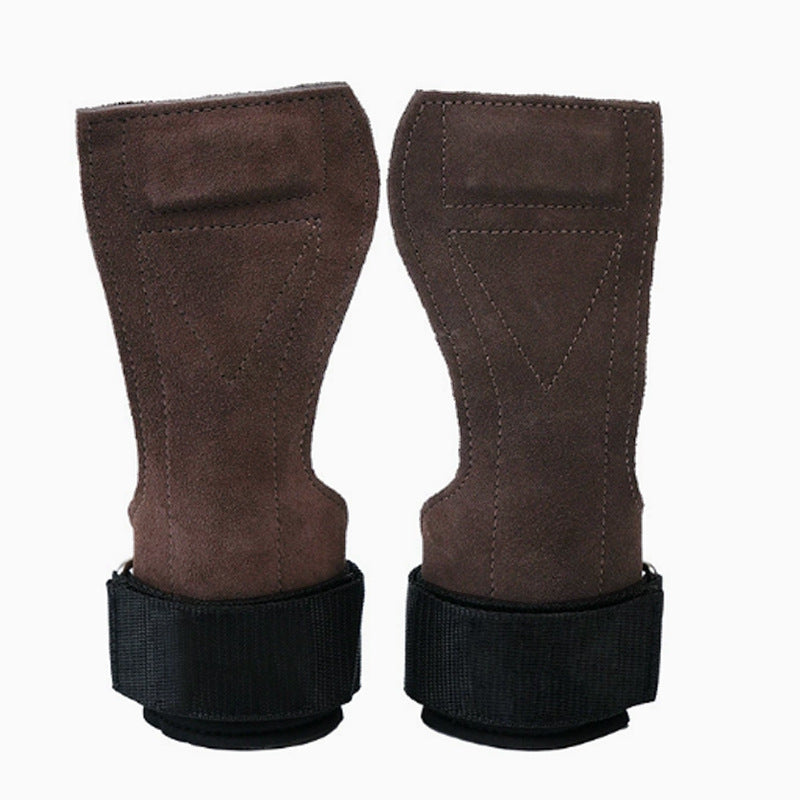 Pair of suede cowhide leather weightlifting hand grips worn on both hands