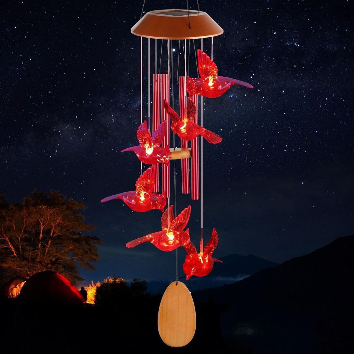 Red cardinal LED figures with red metal tubes and a wooden pendant hanging from a solar lamp head, black housing option