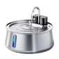Steel pet water fountain front view showing the lit blue level window on the side
