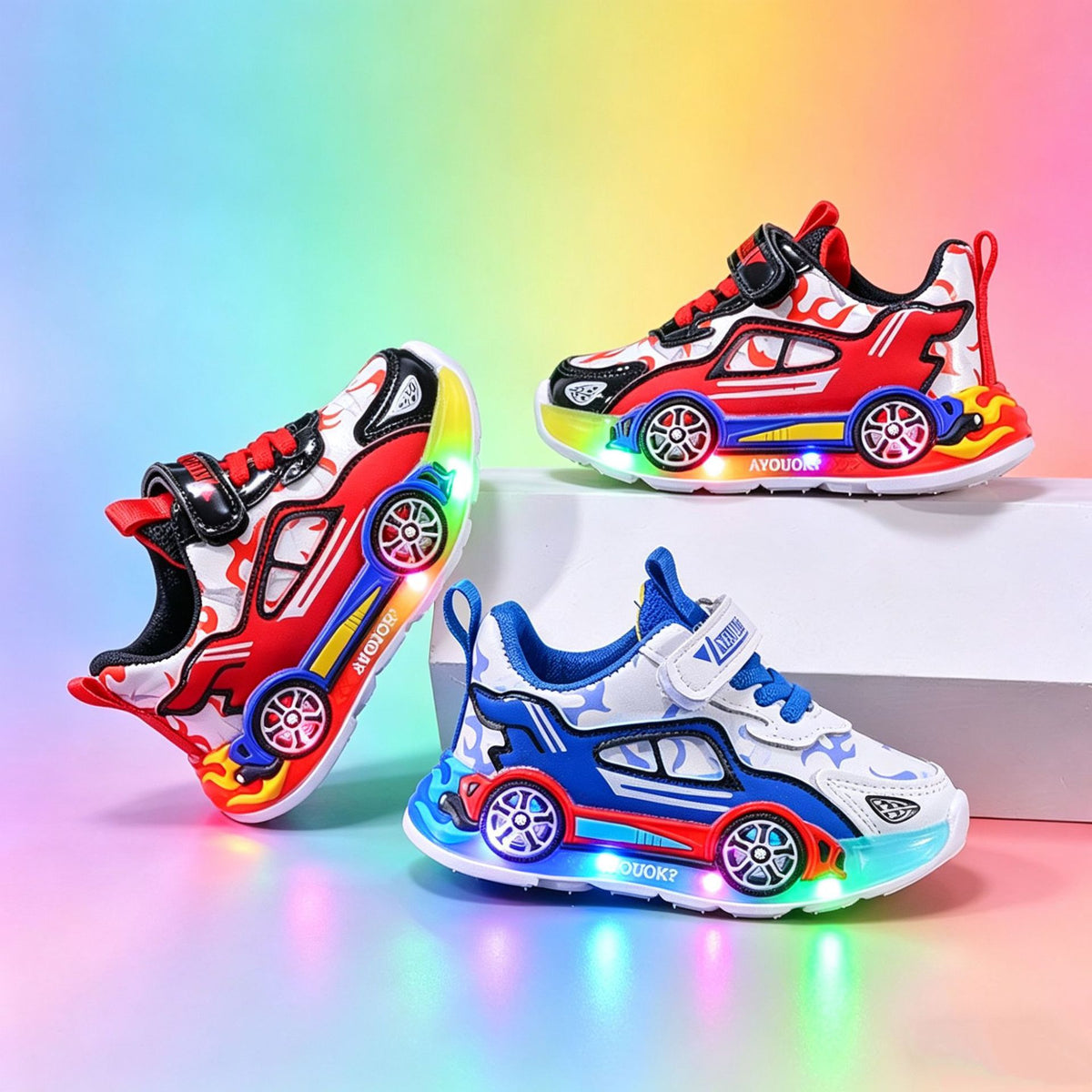 Red and blue sports car kids sneakers with rainbow LED sole lights on a white display block
