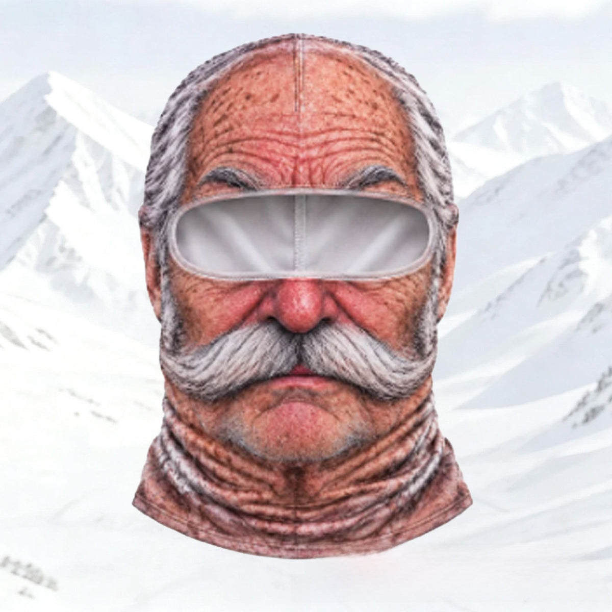 Printed elder face balaclava Elder4 with bald crown and thick grey moustache on a snowy mountain backdrop