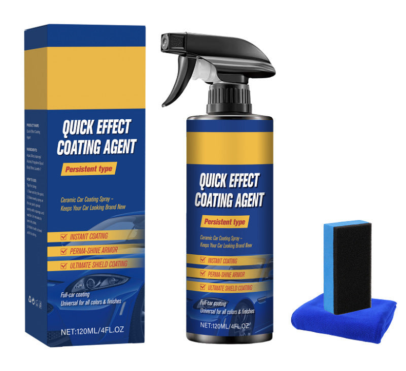 Blue Quick Effect bottle laid out with its carton, a foam applicator pad and a blue cloth