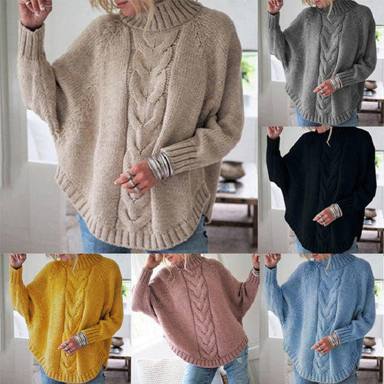 Womens Cable Knit Batwing Sweater with Half Turtleneck Collar