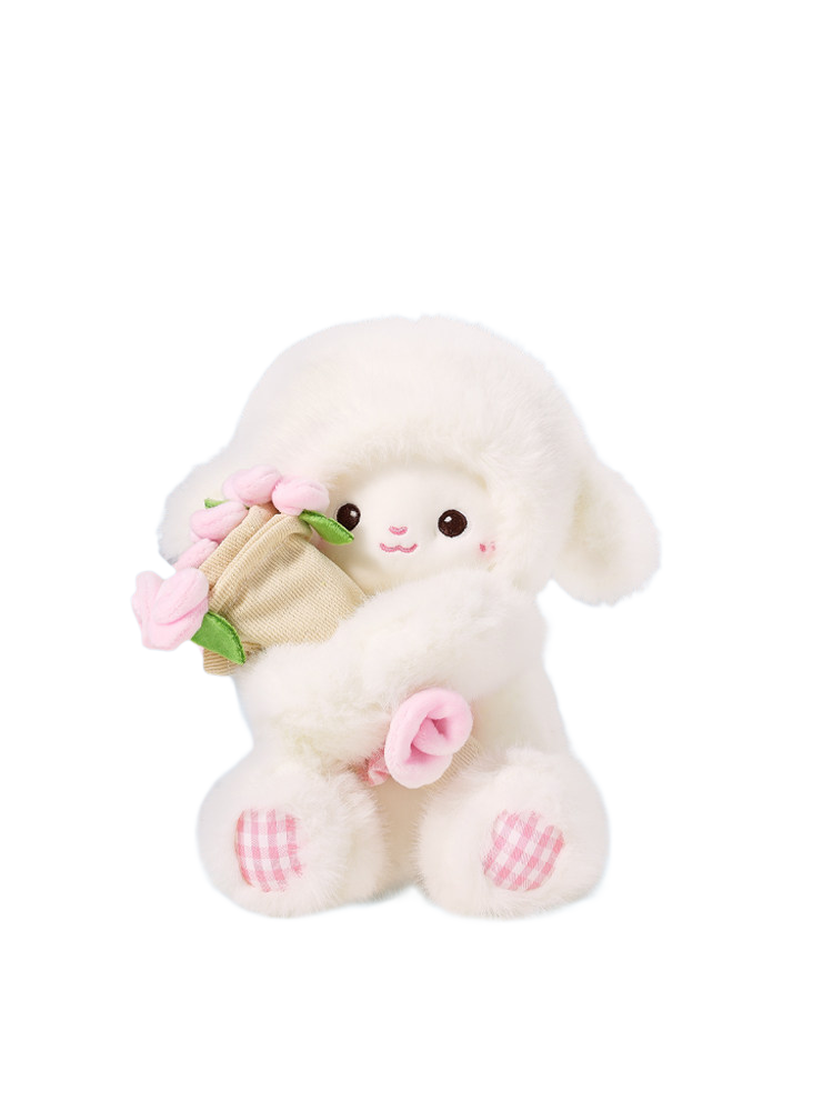 Cream plush Lenle lamb toy hugging a burlap pot of pink fabric tulips, front view