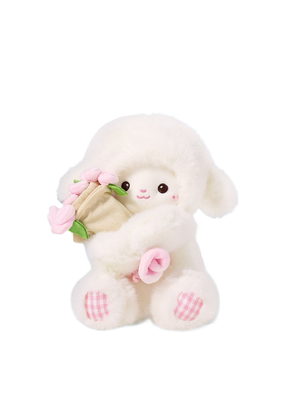 Cream plush Lenle lamb toy hugging a burlap pot of pink fabric tulips, front view