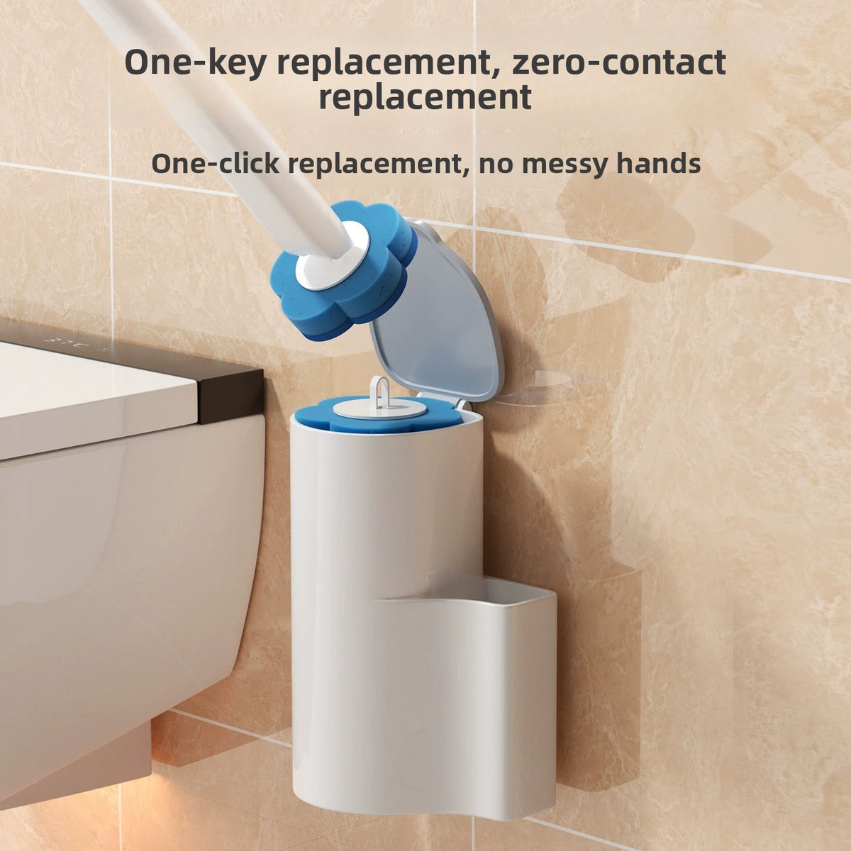 Toilet brush handle with a blue flower shaped sponge head above a wall mounted holder beside a wall hung toilet